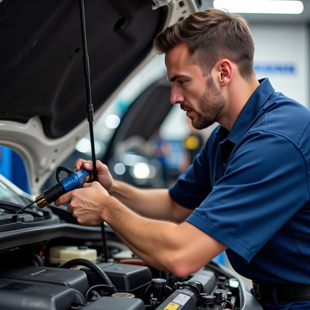 Mechanic Inspecting Car AC System