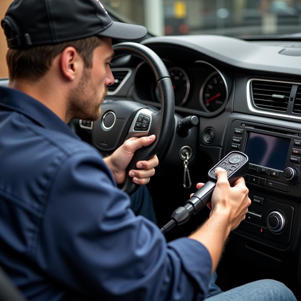 Mechanic Inspecting Car AC System