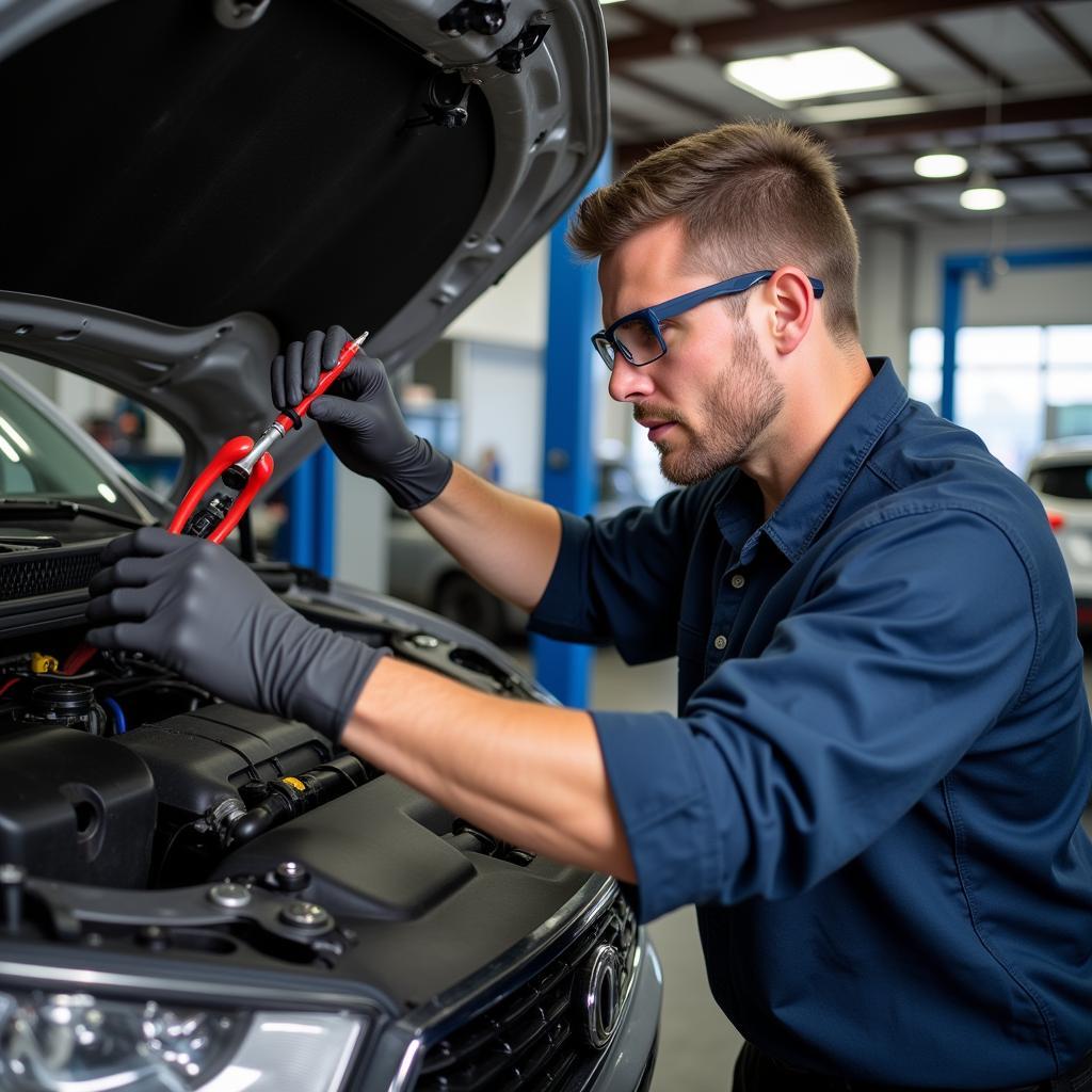 Mechanic Inspecting Car AC System