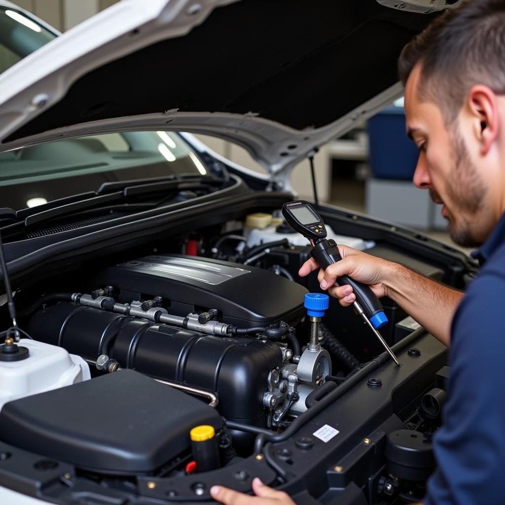 Mechanic Inspecting Car AC System