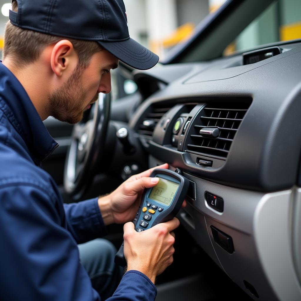 Mechanic Inspecting Car AC System