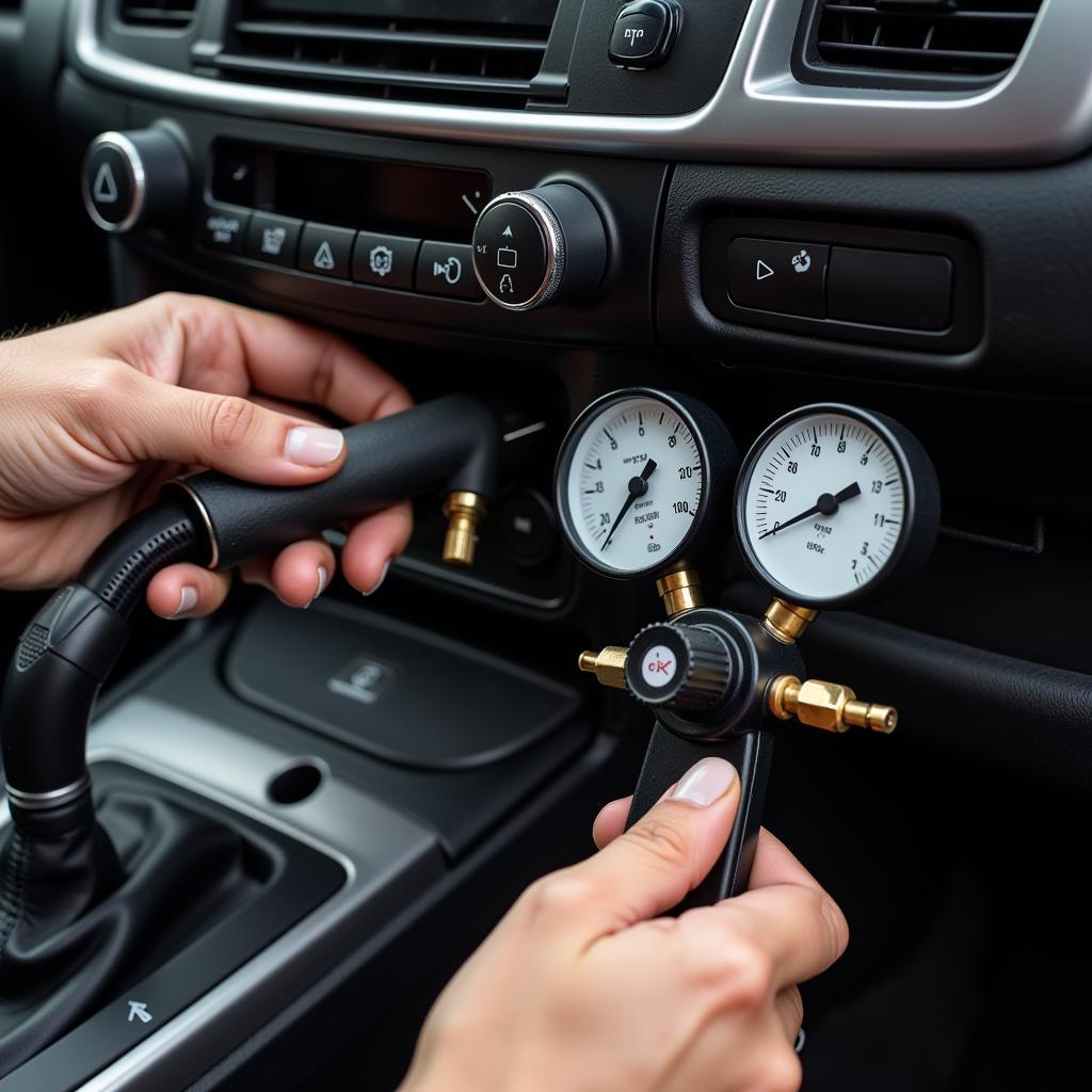 Mechanic inspecting car AC system