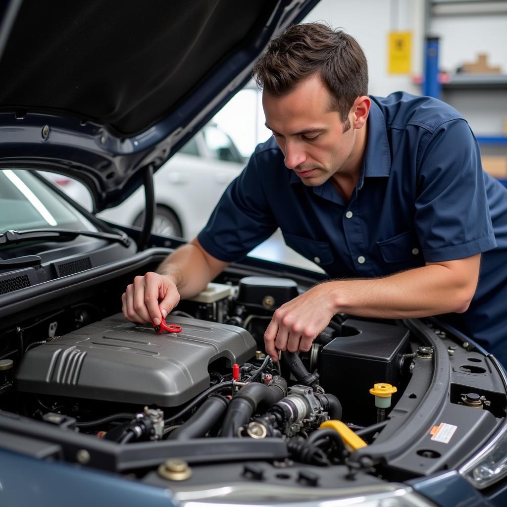 Mechanic Inspecting Car AC System