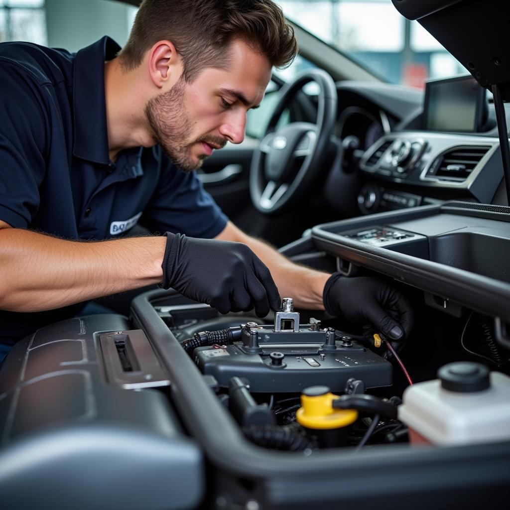 Mechanic Inspecting Car AC System