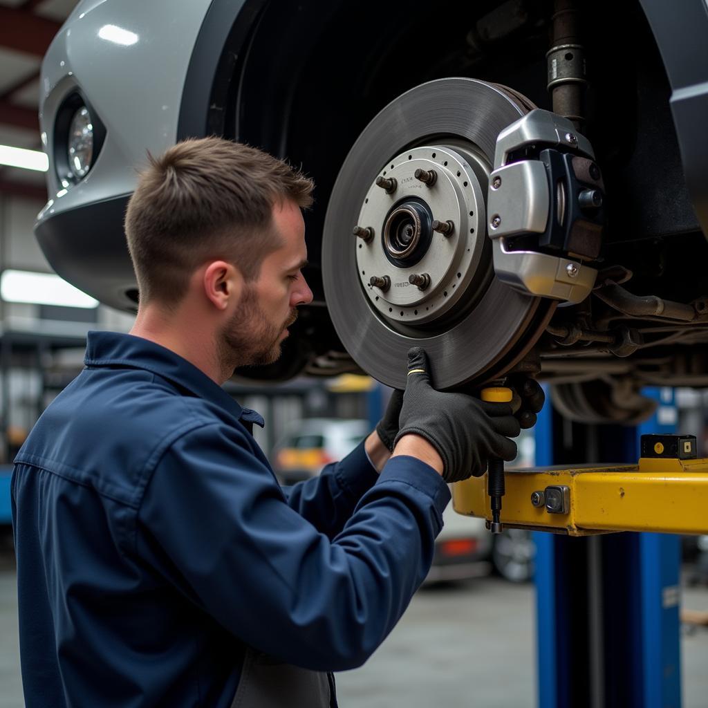 Mechanic inspecting car brakes