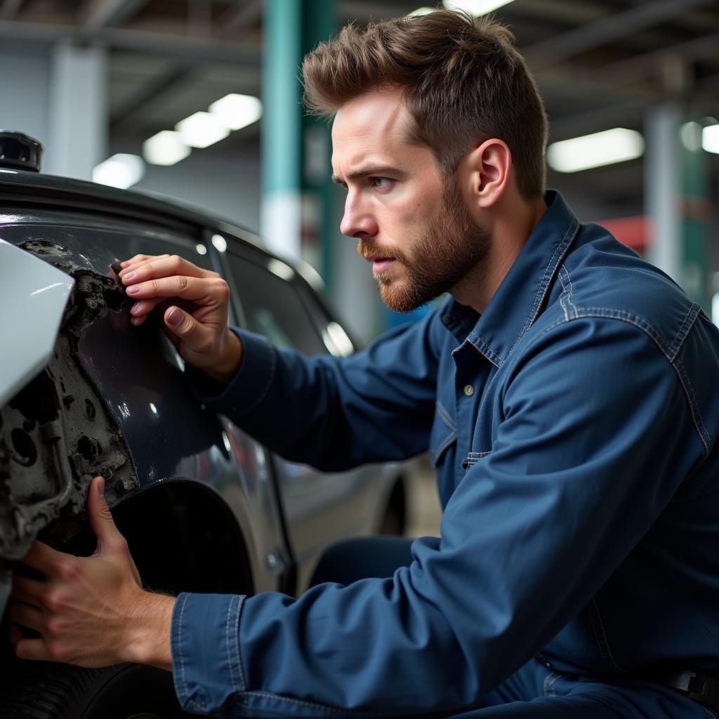 Mechanic Inspecting Damaged Car