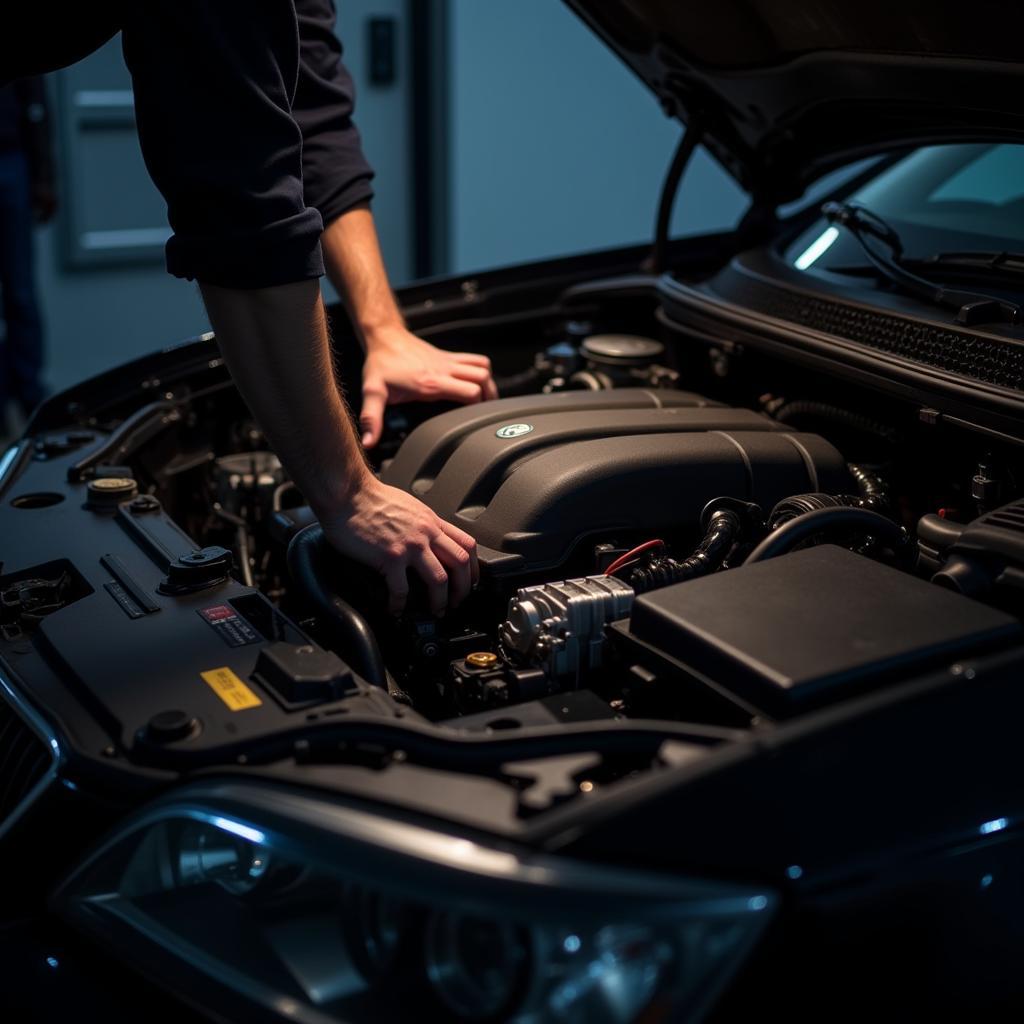  A mechanic leans over a car engine, using a flashlight for better visibility as they inspect for potential issues.