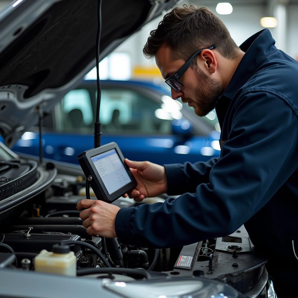 Mechanic Inspecting a Car Engine