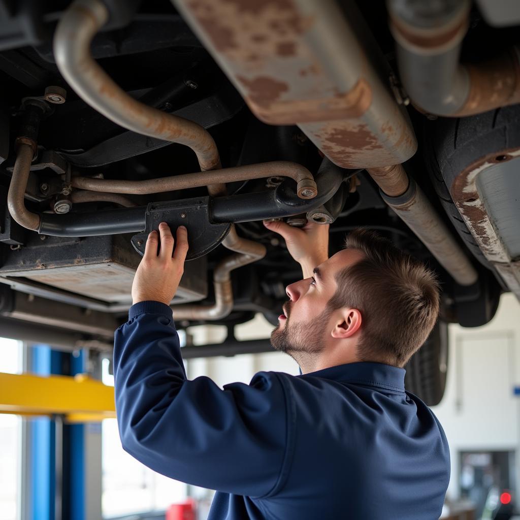 Mechanic Inspecting Car Frame for Rust