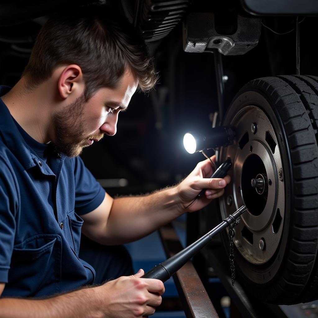 Mechanic Inspecting Car Transmission