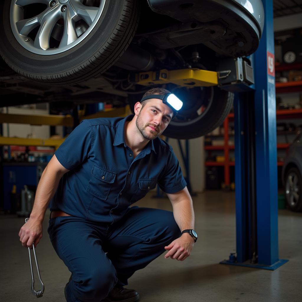 Mechanic inspecting car undercarriage