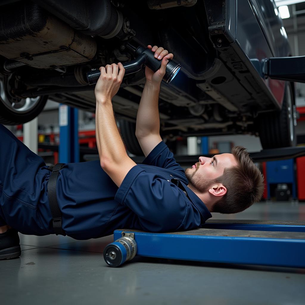 Mechanic inspecting car undercarriage