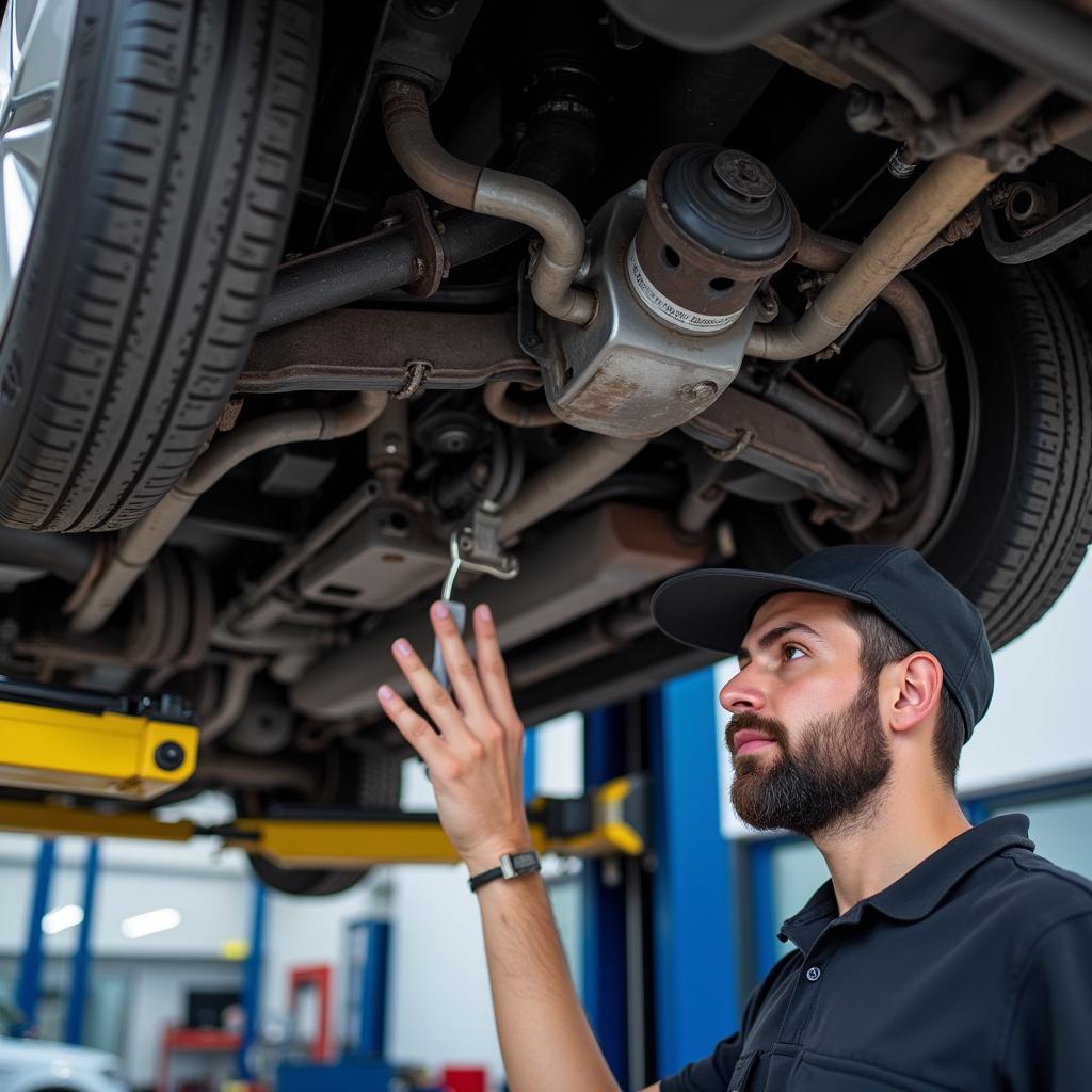 Mechanic Inspecting Car Undercarriage