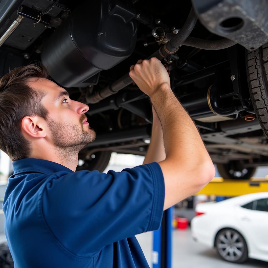 Mechanic Inspecting Car Undercarriage for Bumpy Ride Issues