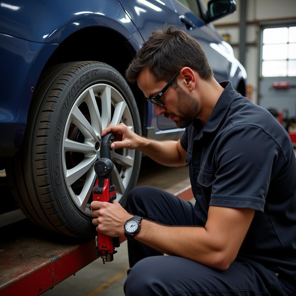 Mechanic Inspecting Car Wheel Bearing