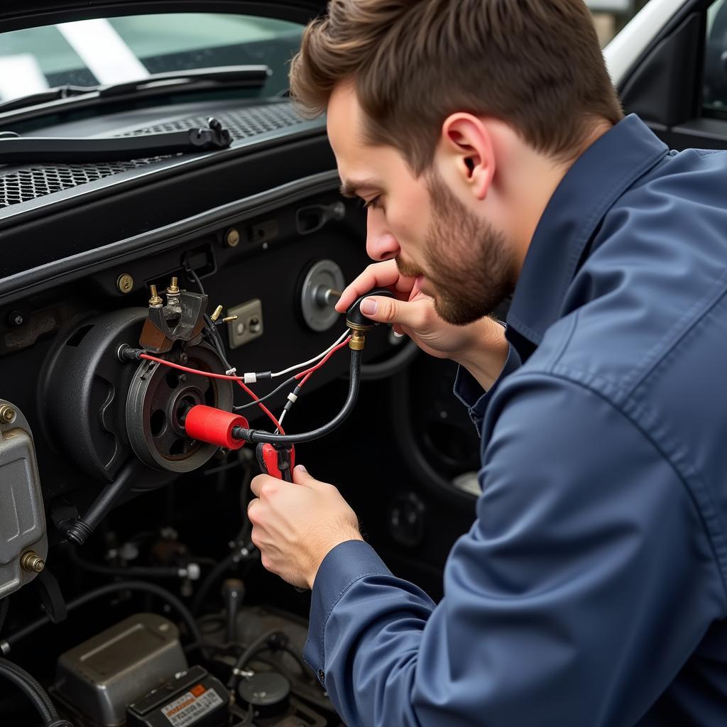 Mechanic Inspecting Car Wiring Harness