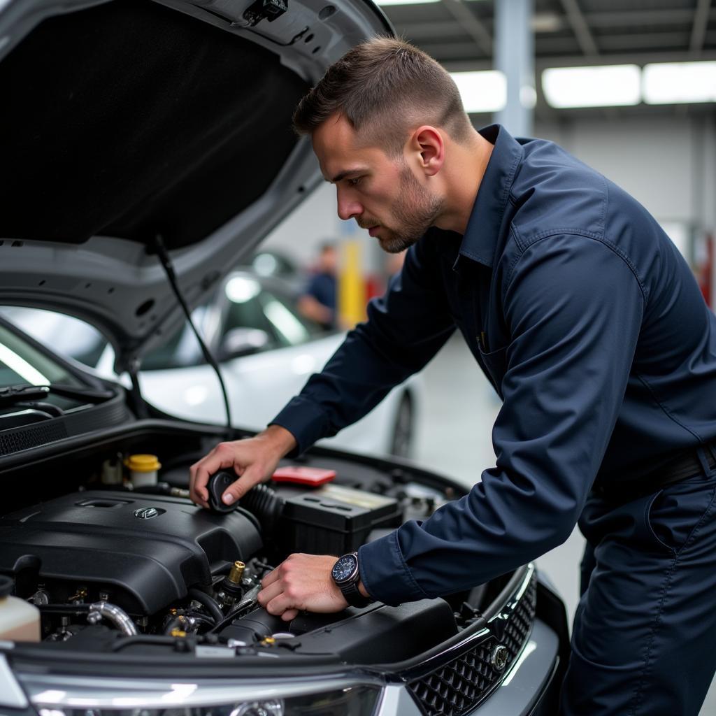 Mechanic Inspecting Car Engine for Problems