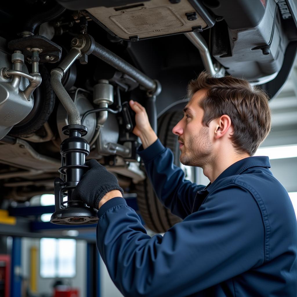 Mechanic inspecting hybrid car in a garage