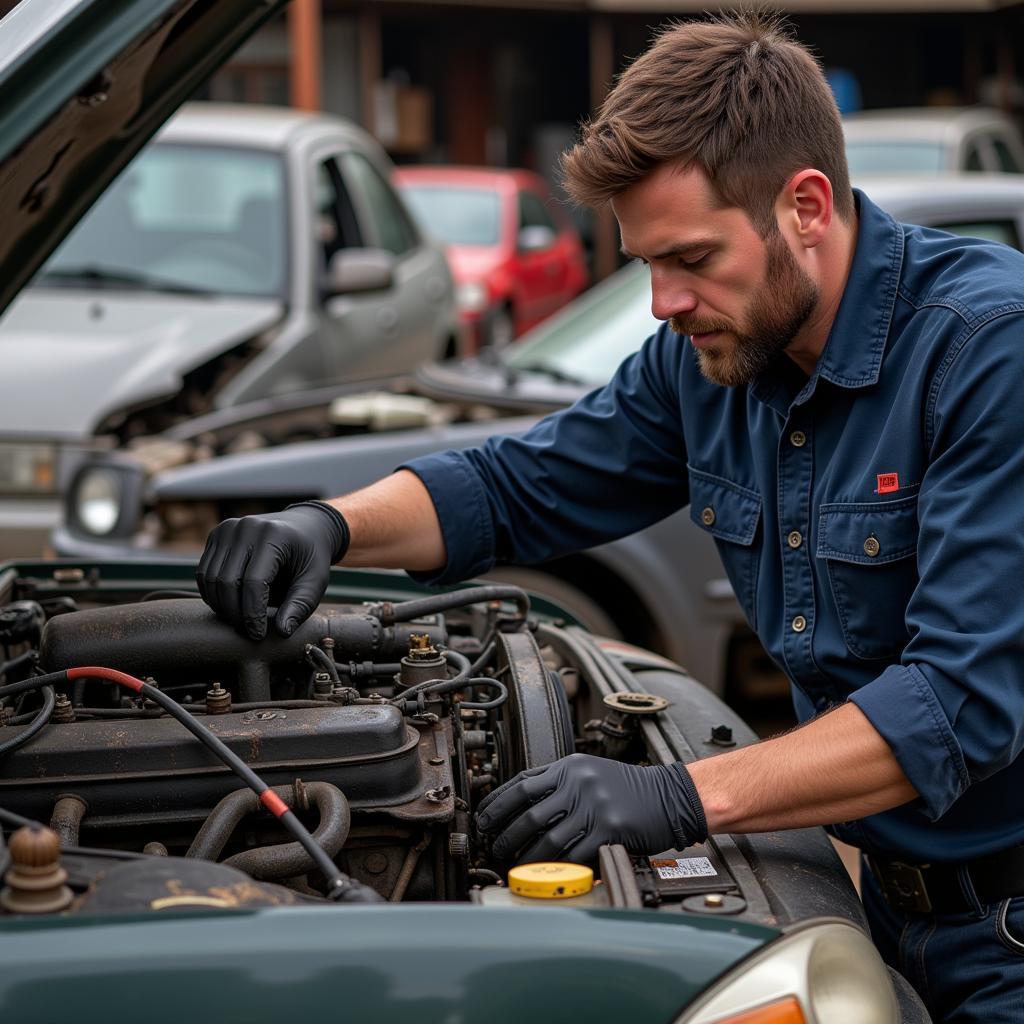 Inspecting a car engine in a junkyard