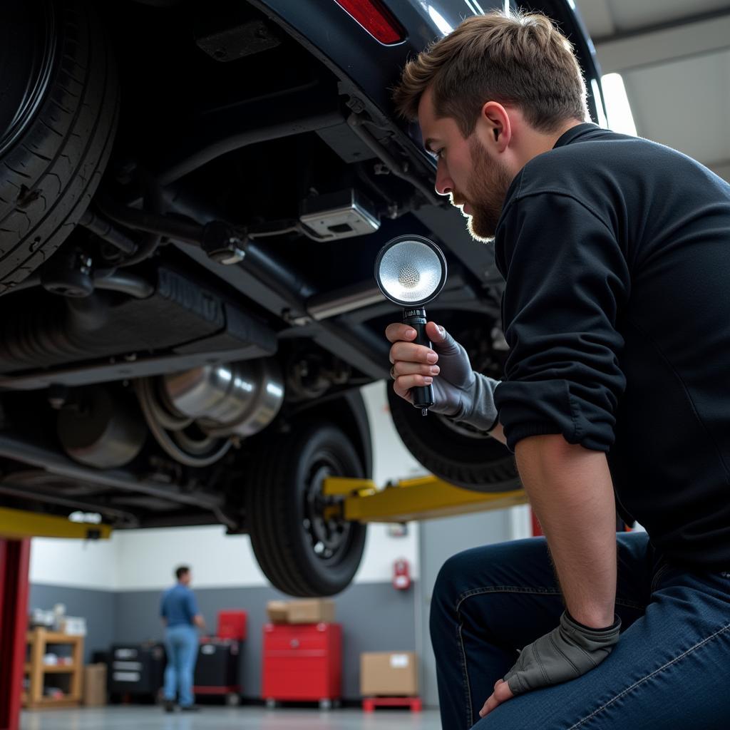 Mechanic Inspecting Lowered Car