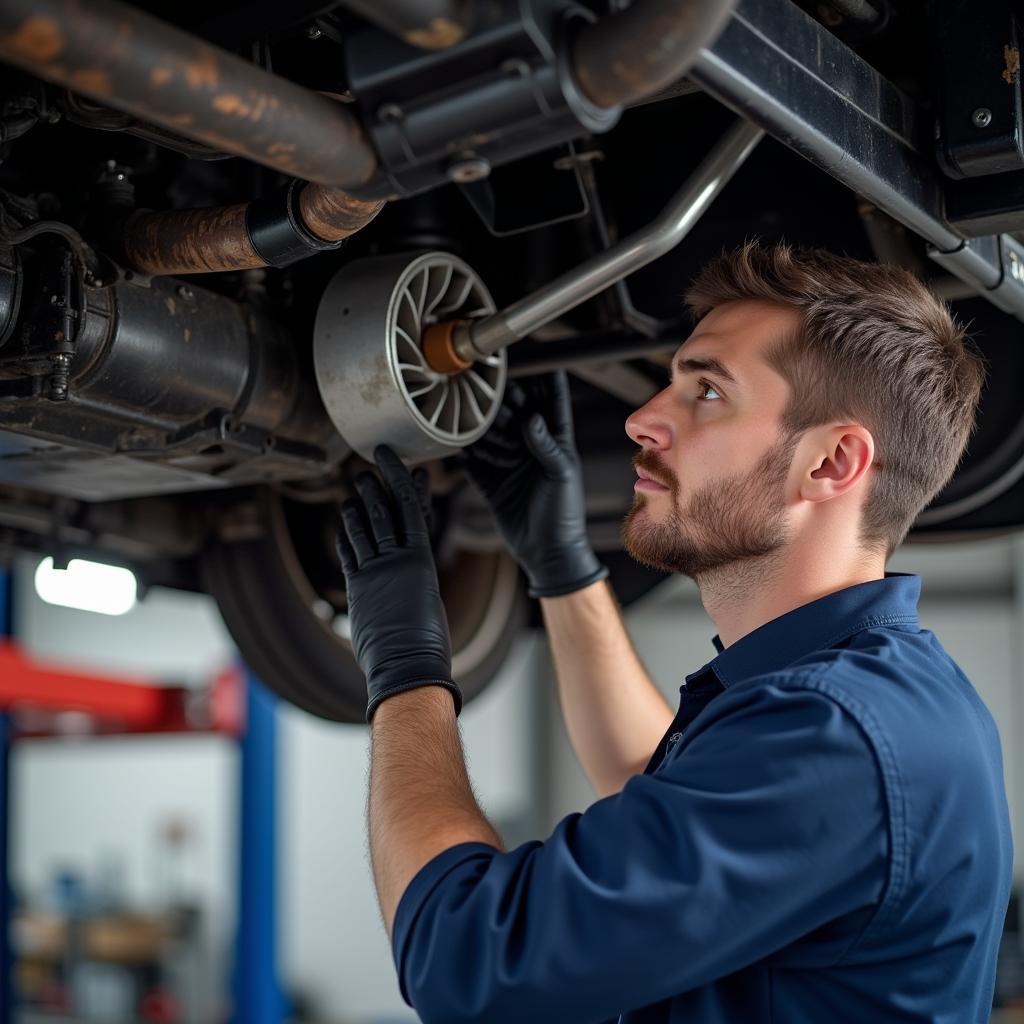 Mechanic inspecting a car transmission