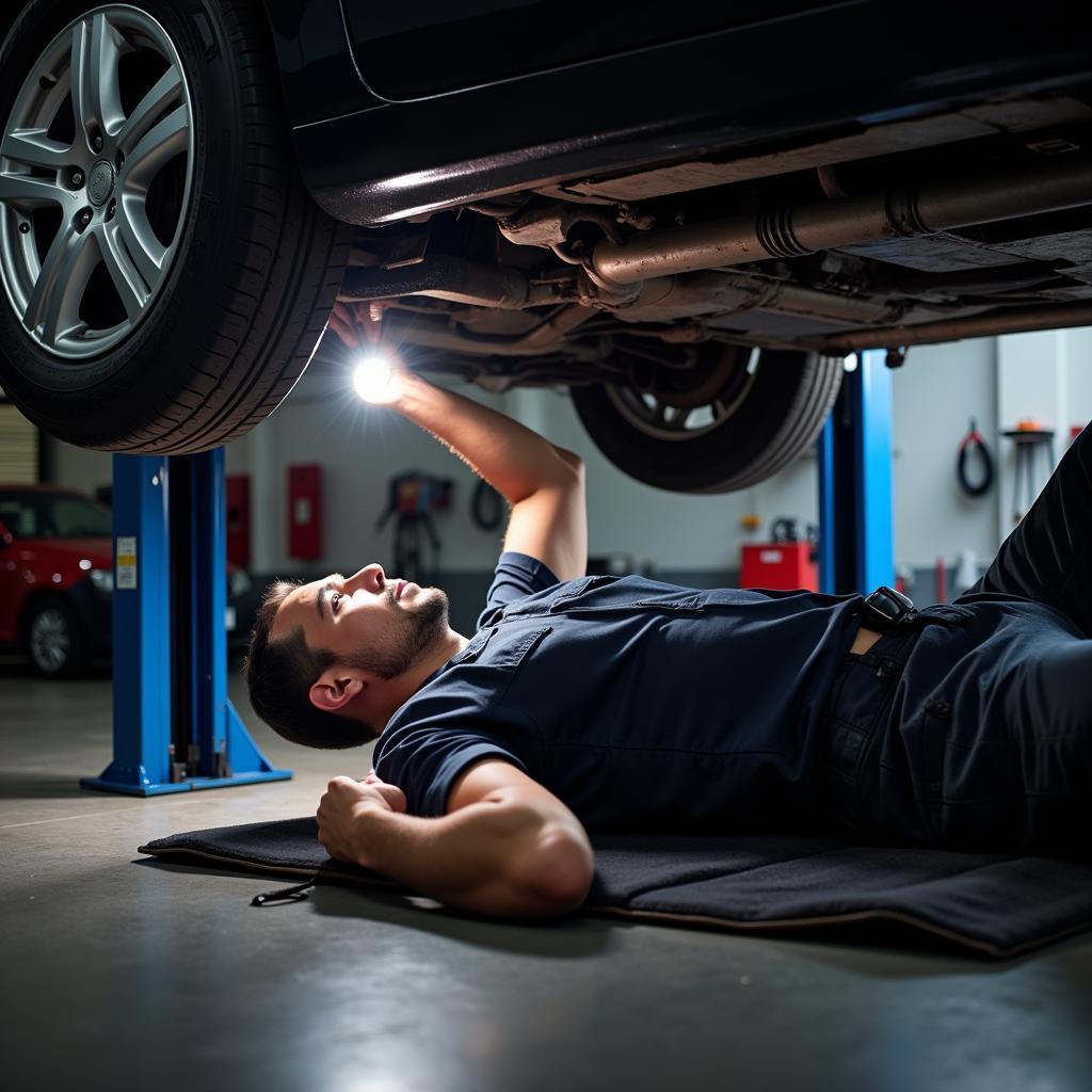 Mechanic Inspecting Car Undercarriage