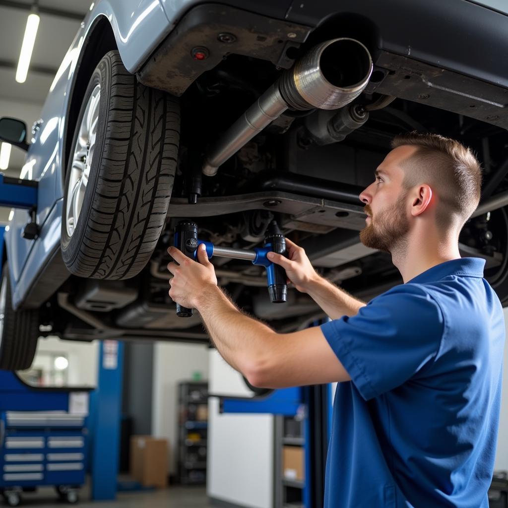 Mechanic Inspecting Used Car on a Lift