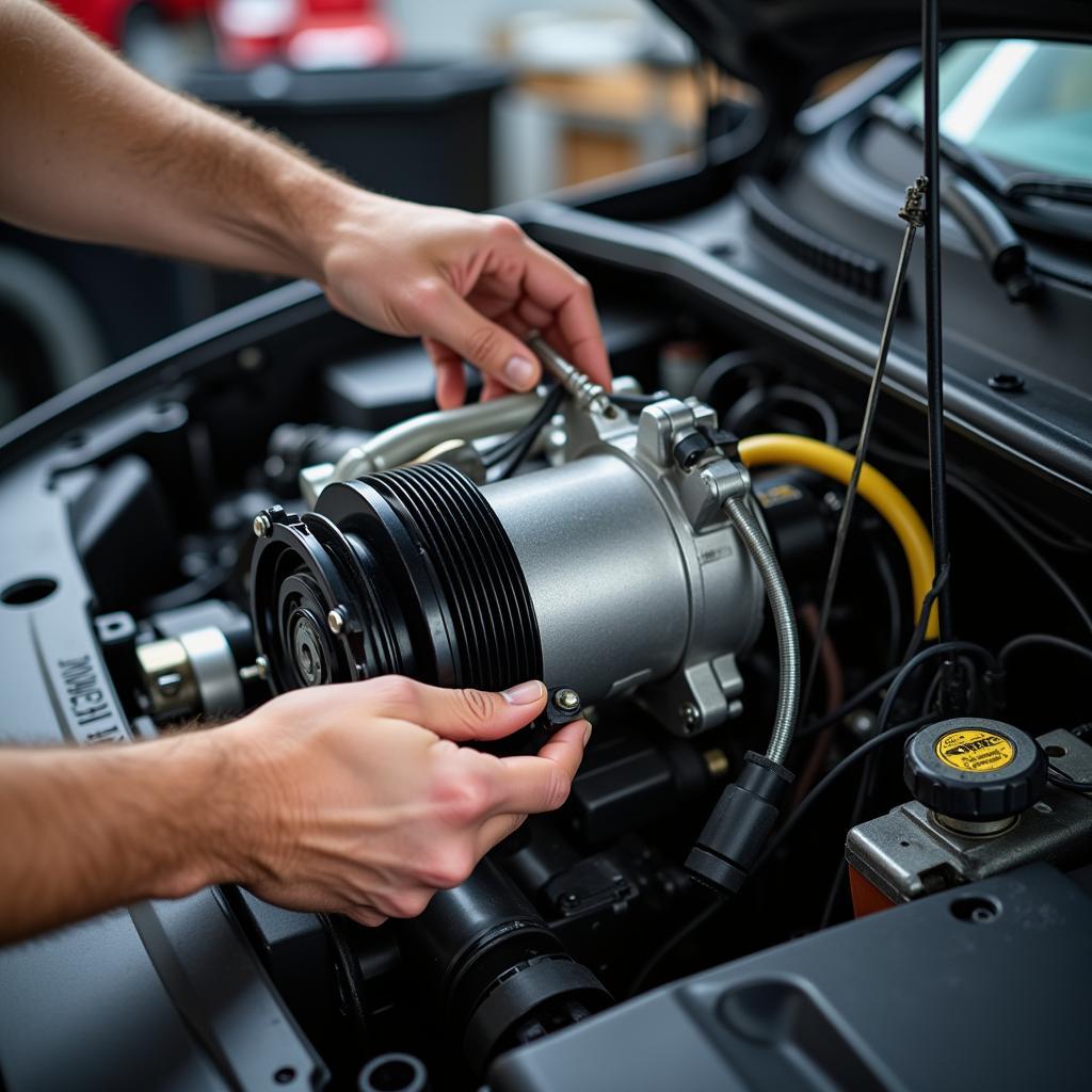 Mechanic working on car AC compressor