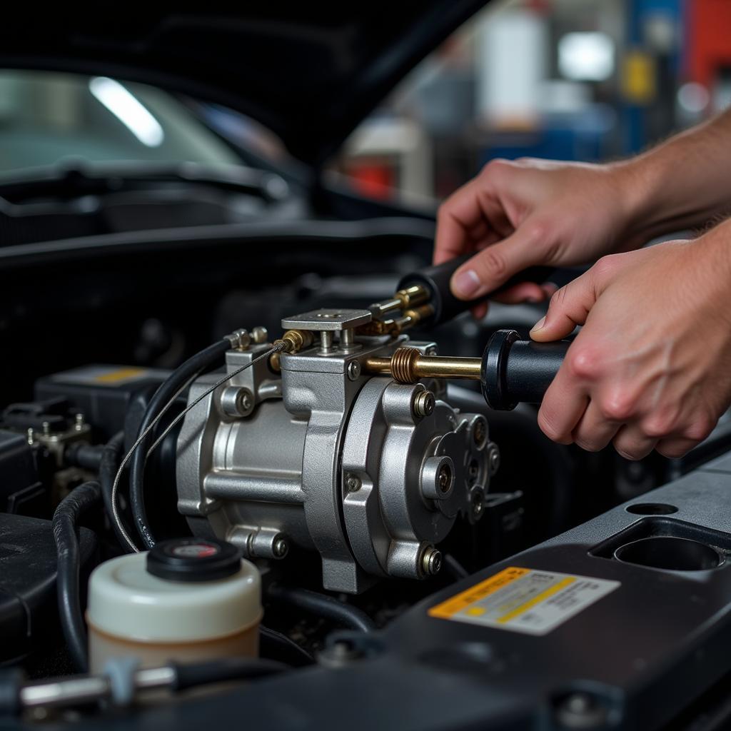 Mechanic Repairing Car AC Compressor