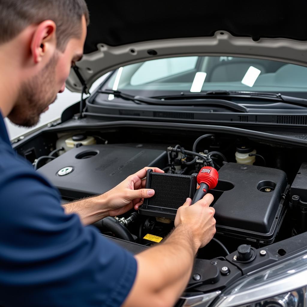 Mechanic Repairing Car AC Condenser