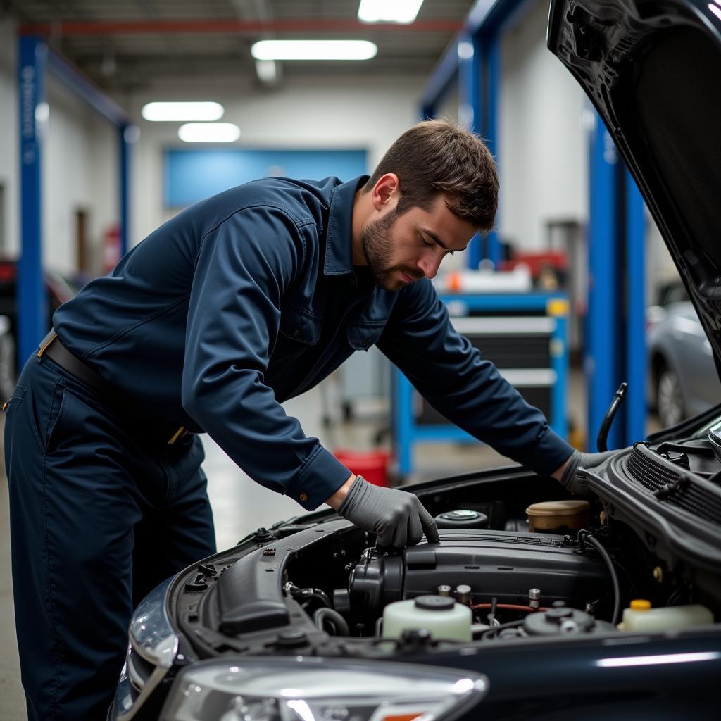 Mechanic Working on a Car Engine in a Repair Shop