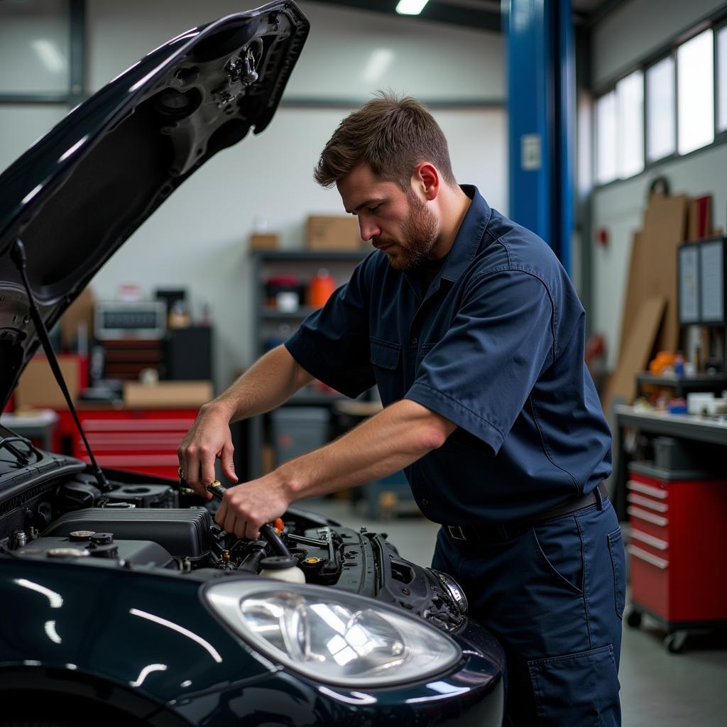 Mechanic repairing car engine in a garage to fix a smoke issue