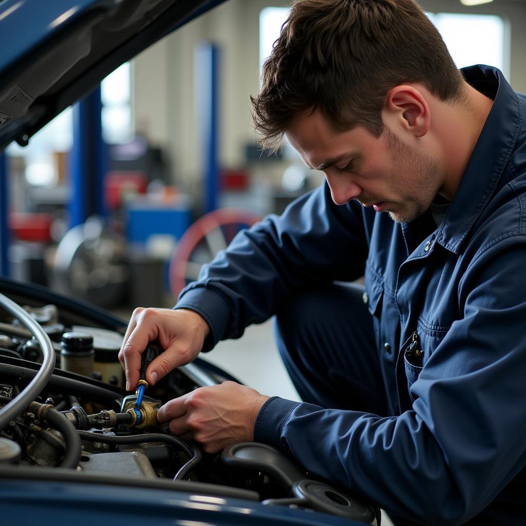 Mechanic repairing a car radiator leak in a workshop