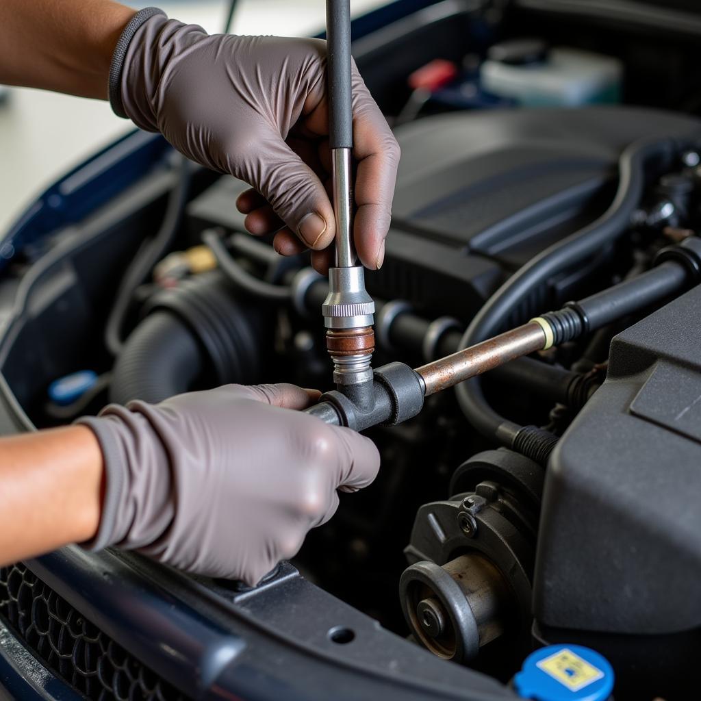 Mechanic Repairing Fuel Line Leak