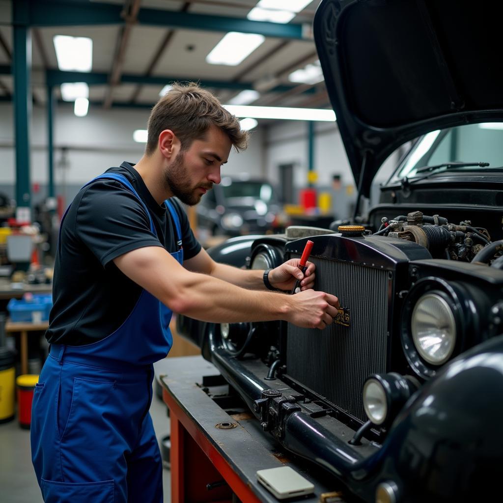 Mechanic Repairing Car Radiator in a Garage