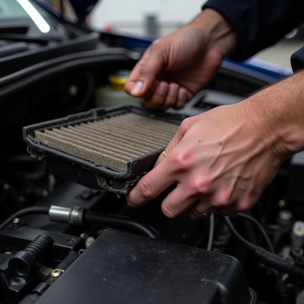 Mechanic's hands replacing a dirty car air filter