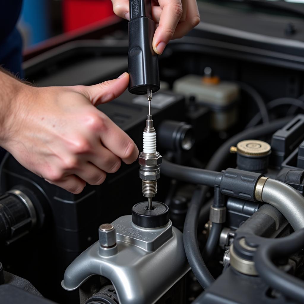 Mechanic replacing car spark plug