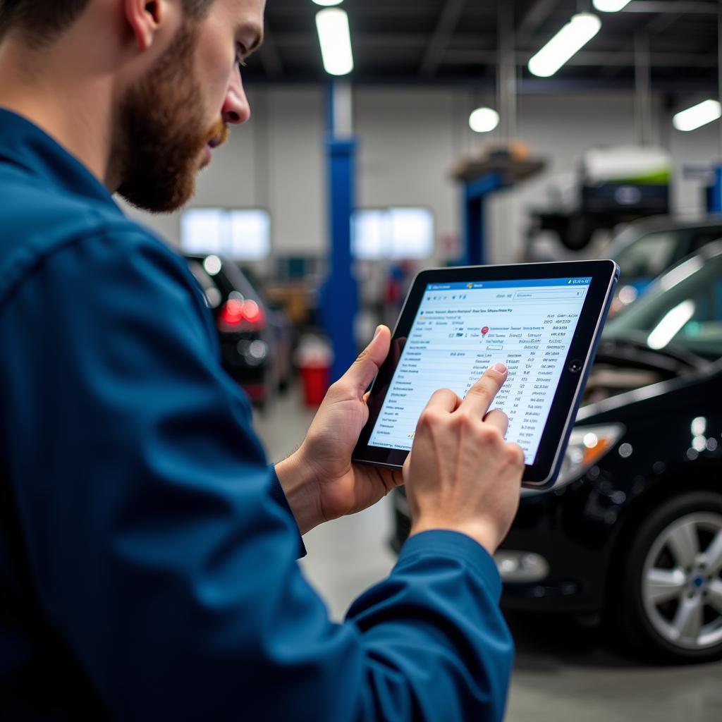 Mechanic Analyzing Car Maintenance Records