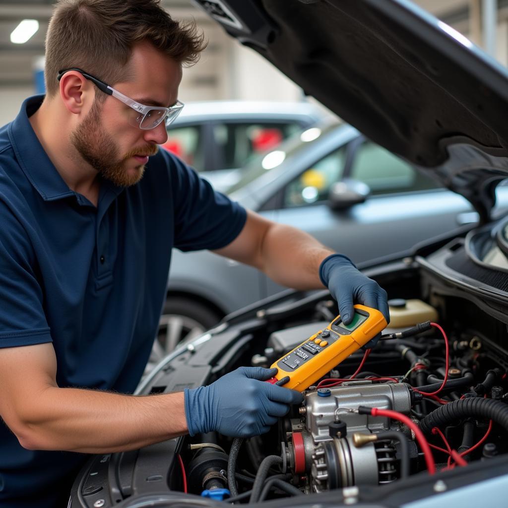 Mechanic testing car alternator with voltmeter