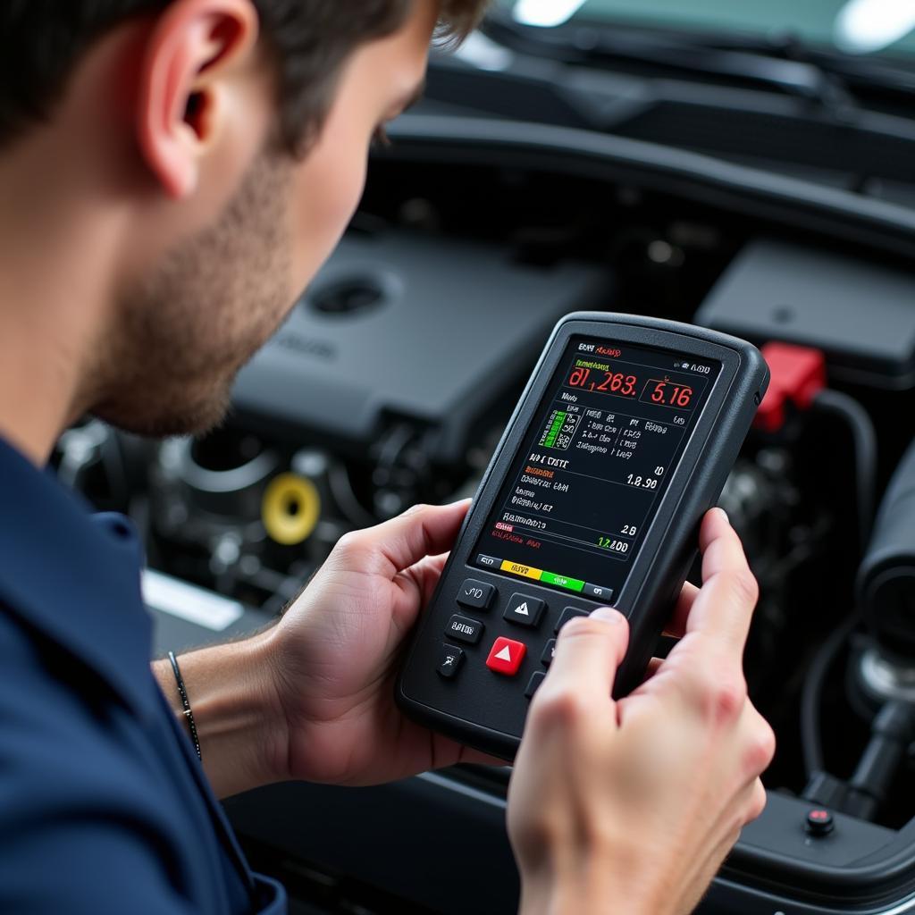 Mechanic Using a Car Fix Meter Device to Diagnose Car Problem