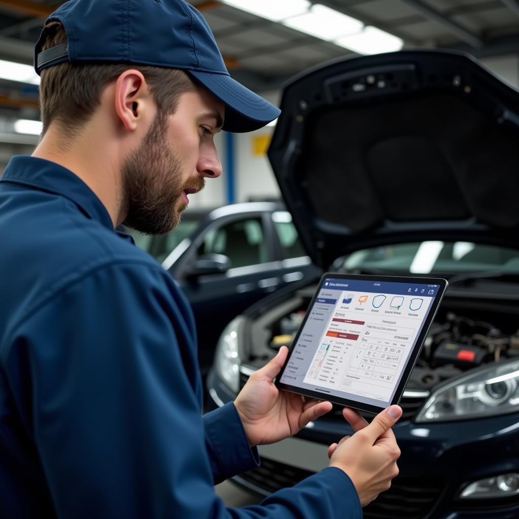 Mechanic using a car maintenance app on a tablet