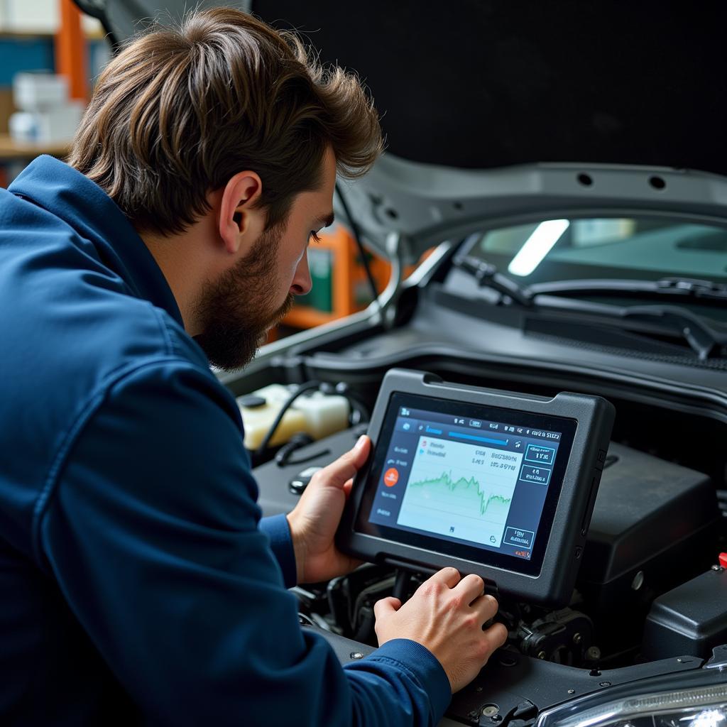 Mechanic Using Car Monkey Analyzer to Diagnose Engine Problem