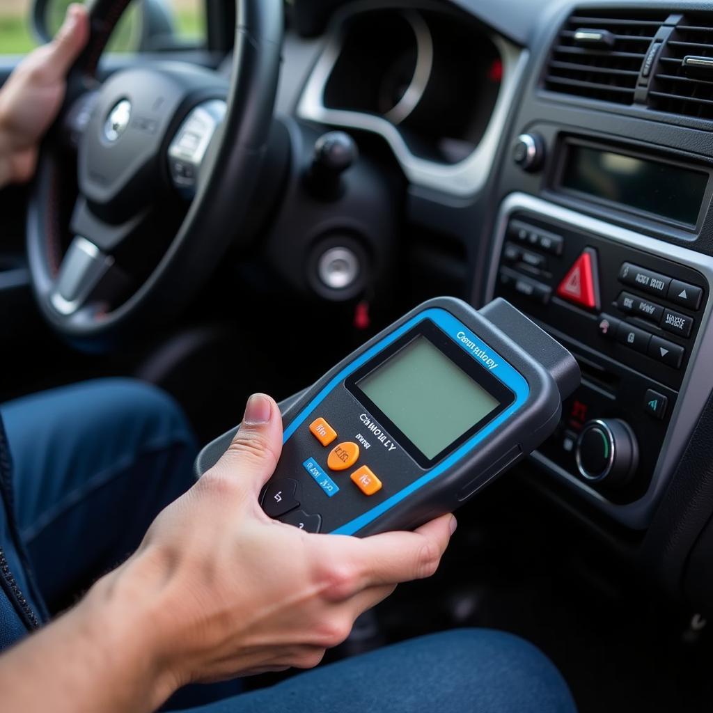 Mechanic using a code reader on a car