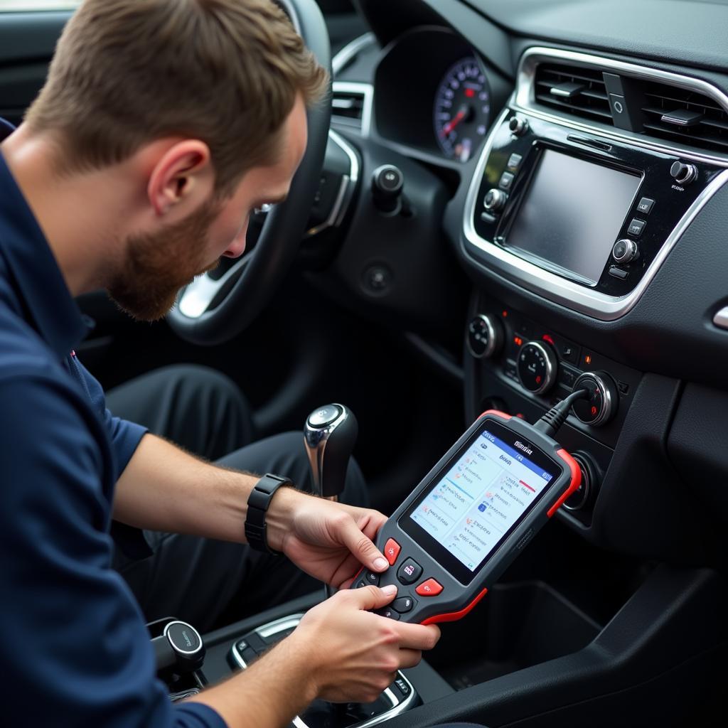 Mechanic Using Diagnostic Tool on Car