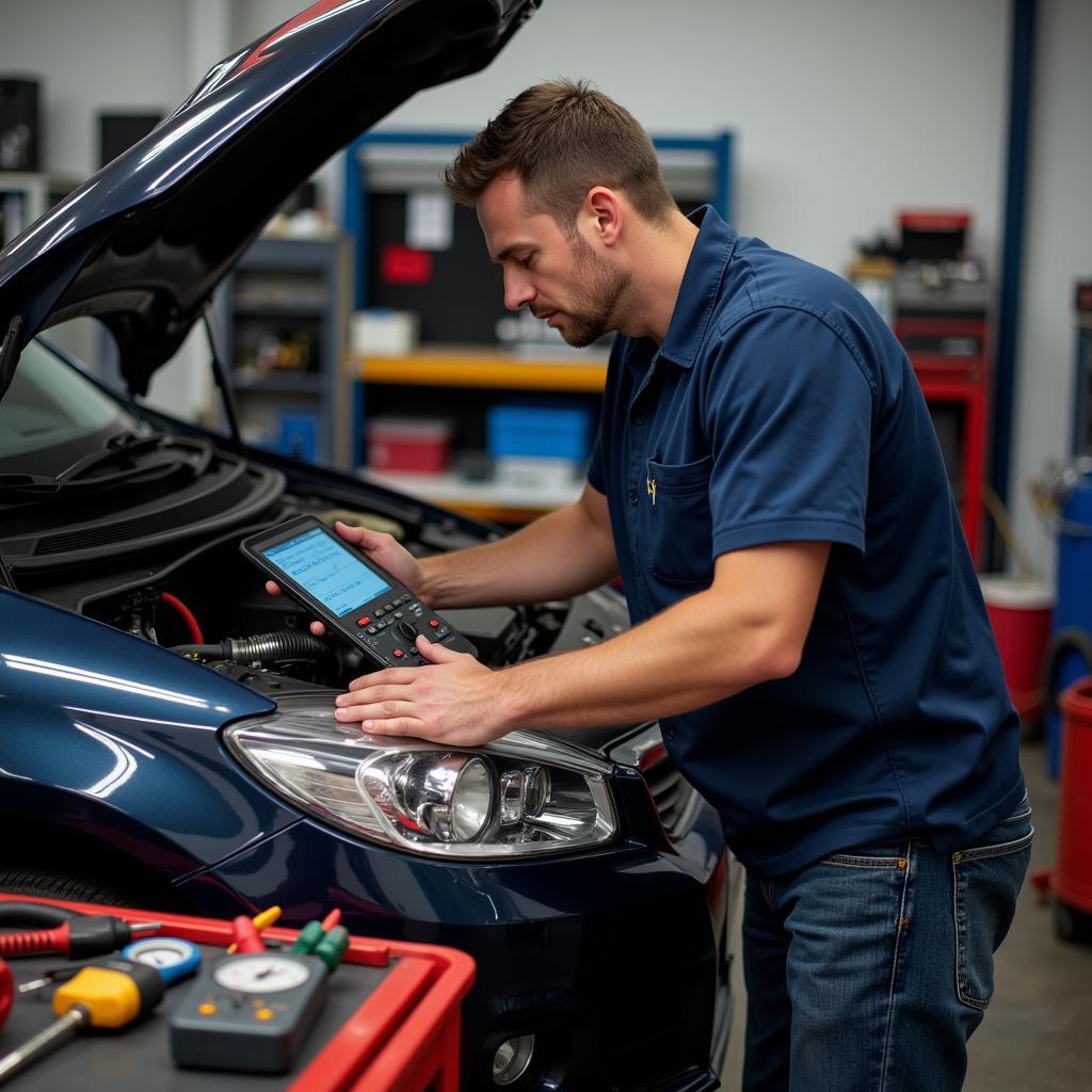 Mechanic using diagnostic tools on a car