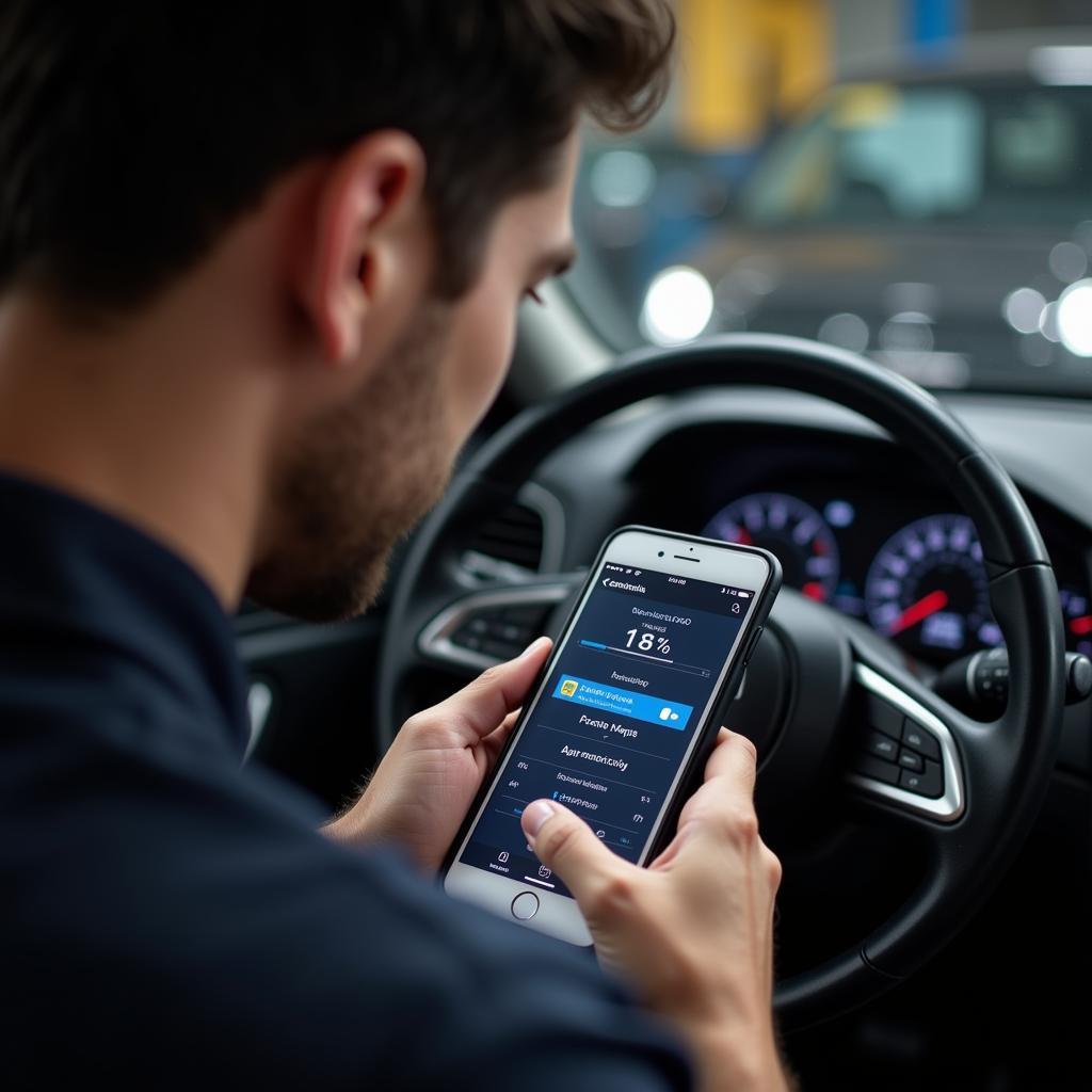 Mechanic using iPhone app for car diagnostics