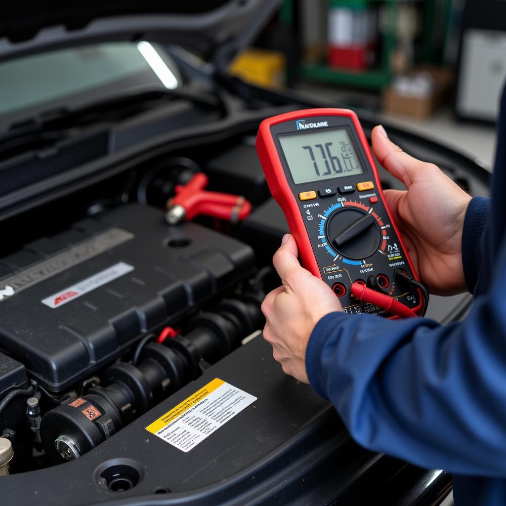 Mechanic Using Multimeter on Car