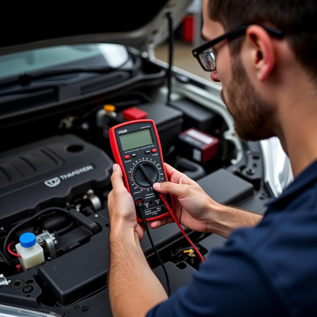 Mechanic Using Multimeter on Car Engine