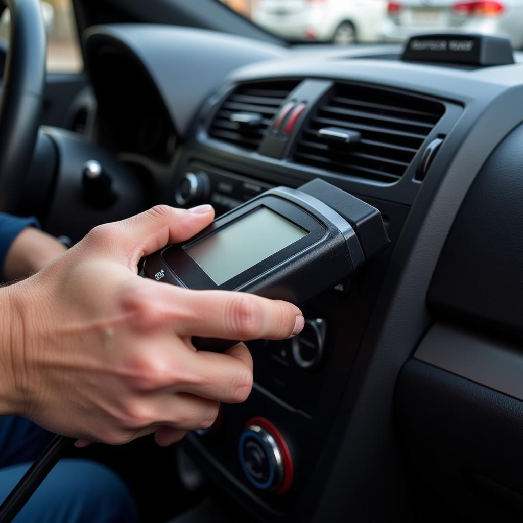 Mechanic Using OBD-II Scanner on a Car