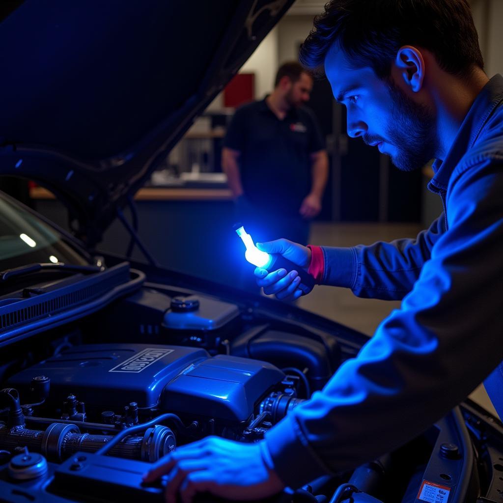 Mechanic Using UV Light to Detect AC Leak